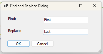 An example of the pop-up Find/Replace dialog that allows the user to enter the sub-strings to be searched / replaced.