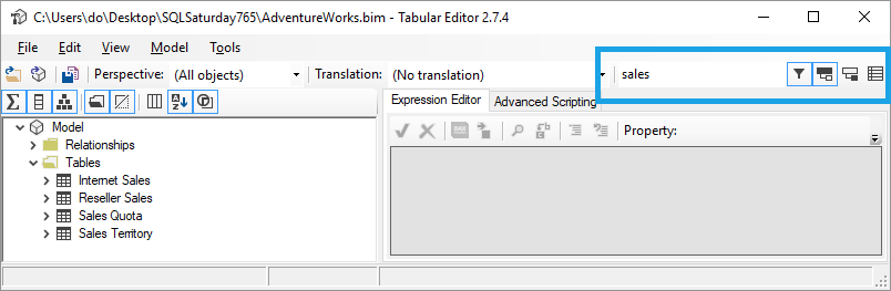 Filter textbox and filter mode buttons in the Explorer toolbar