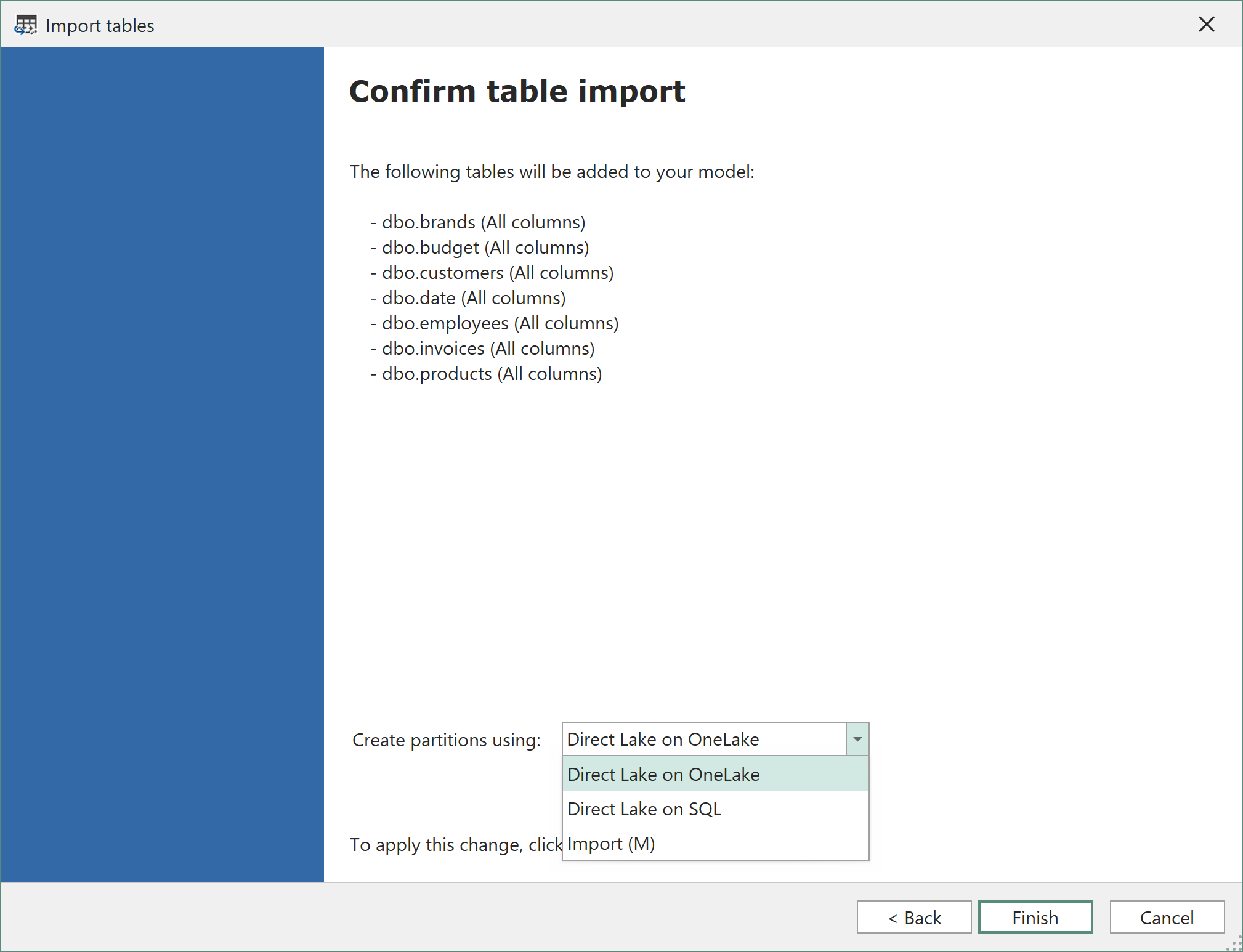 Confirm Selection Direct Lake