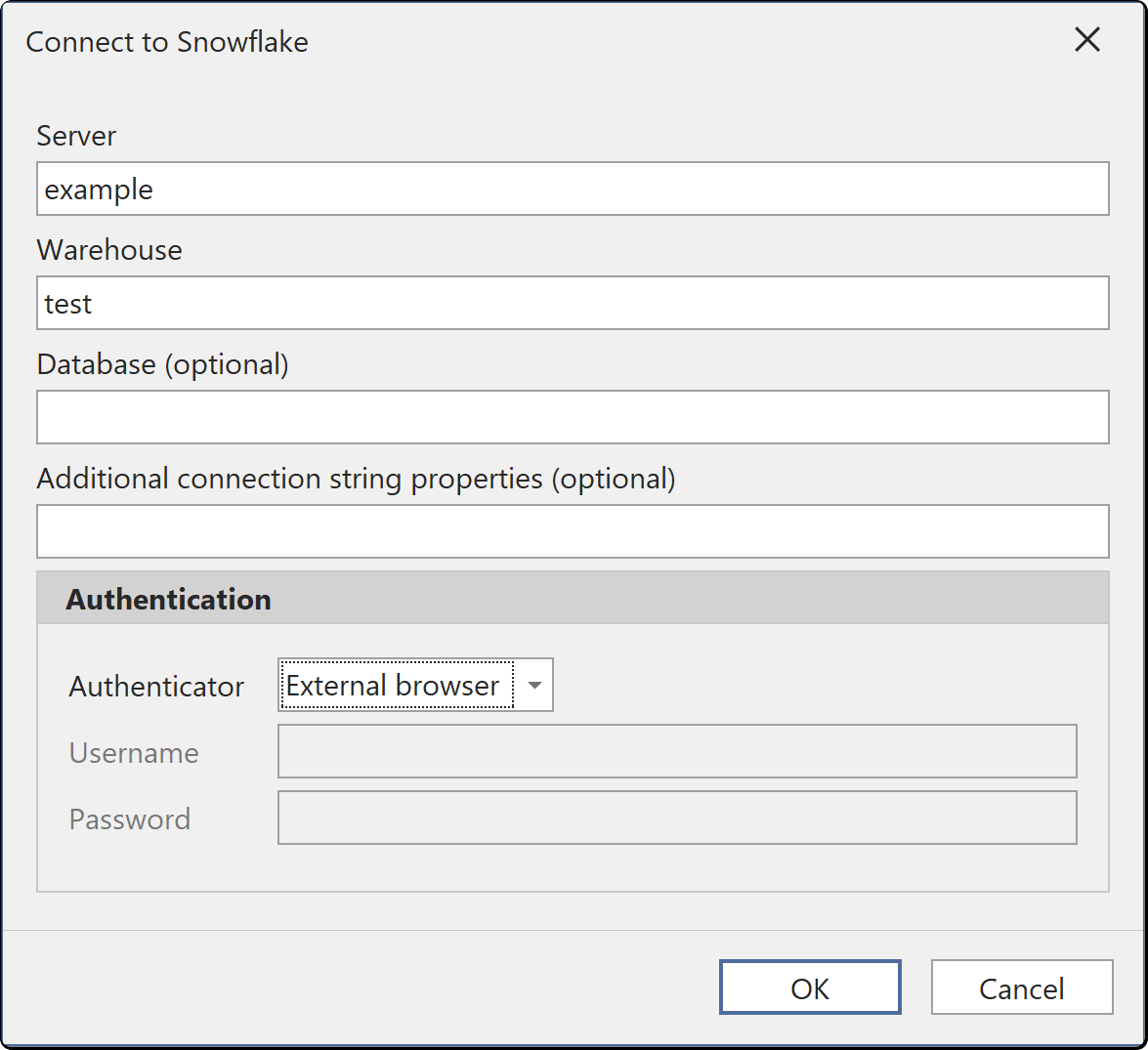 The Connect to Snowflake dialog, with External browser selected in the Authenticator list and the user name and password fields disabled