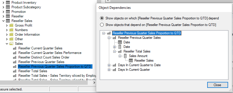 Object Dependencies dialog showing the objects a measure depends on