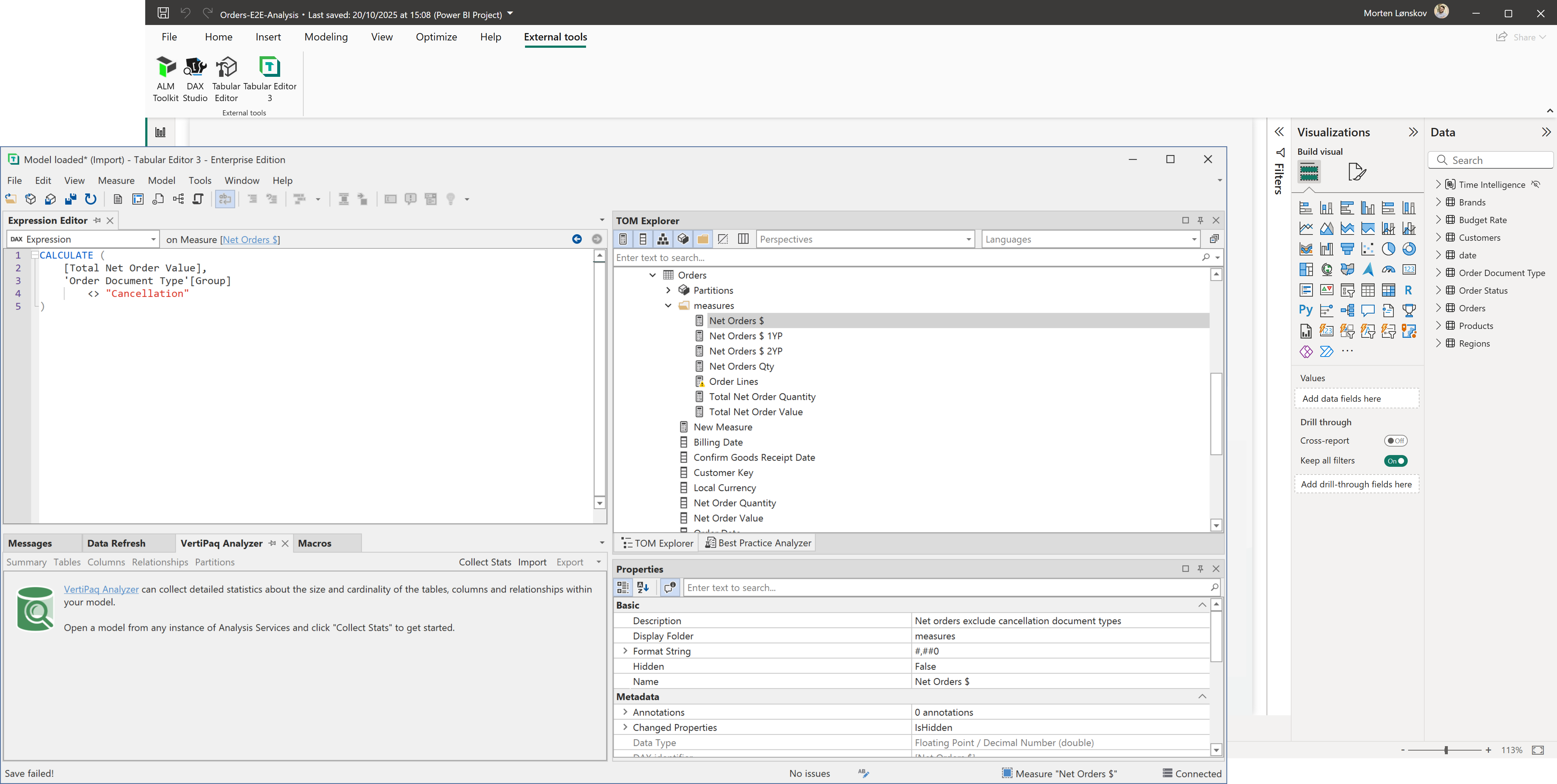 Tabular Editor 3 launched from the External tools ribbon in Power BI Desktop, with a measure open in the Expression Editor