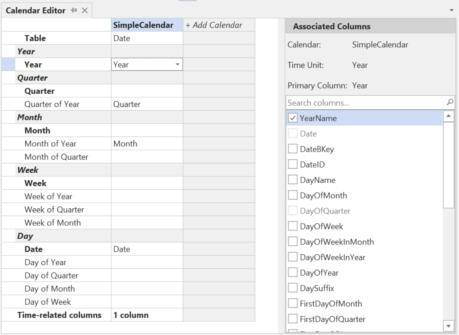 Associated Columns panel in the Calendar Editor