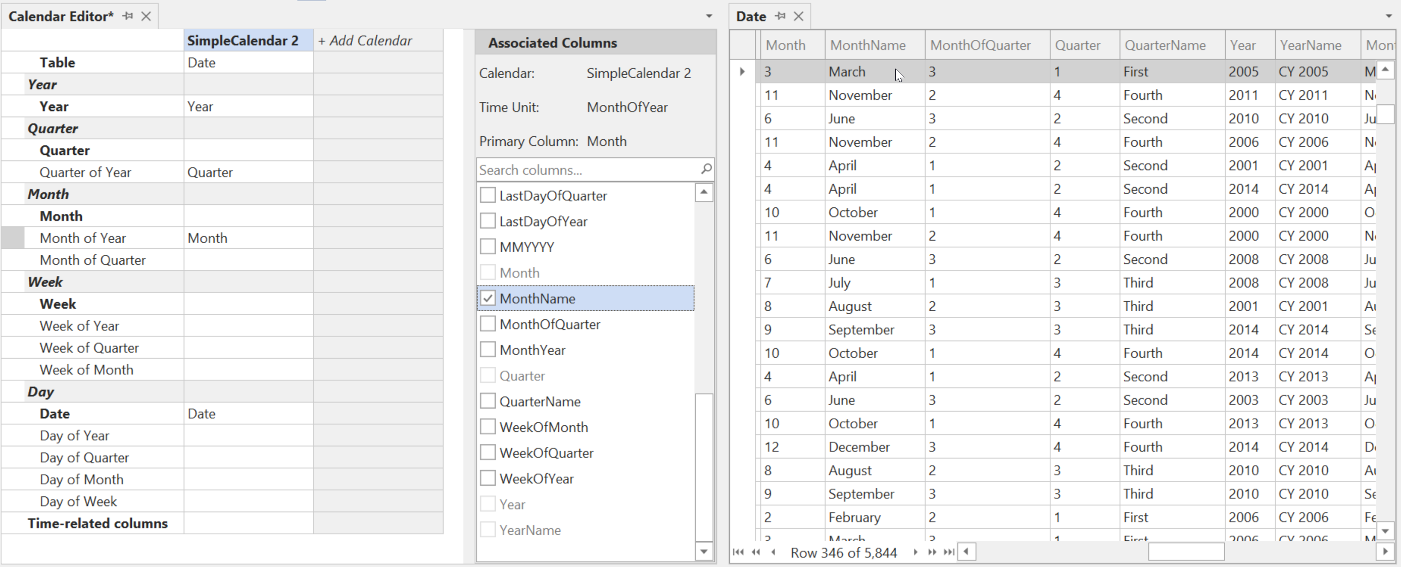 Calendar Editor with Date table preview
