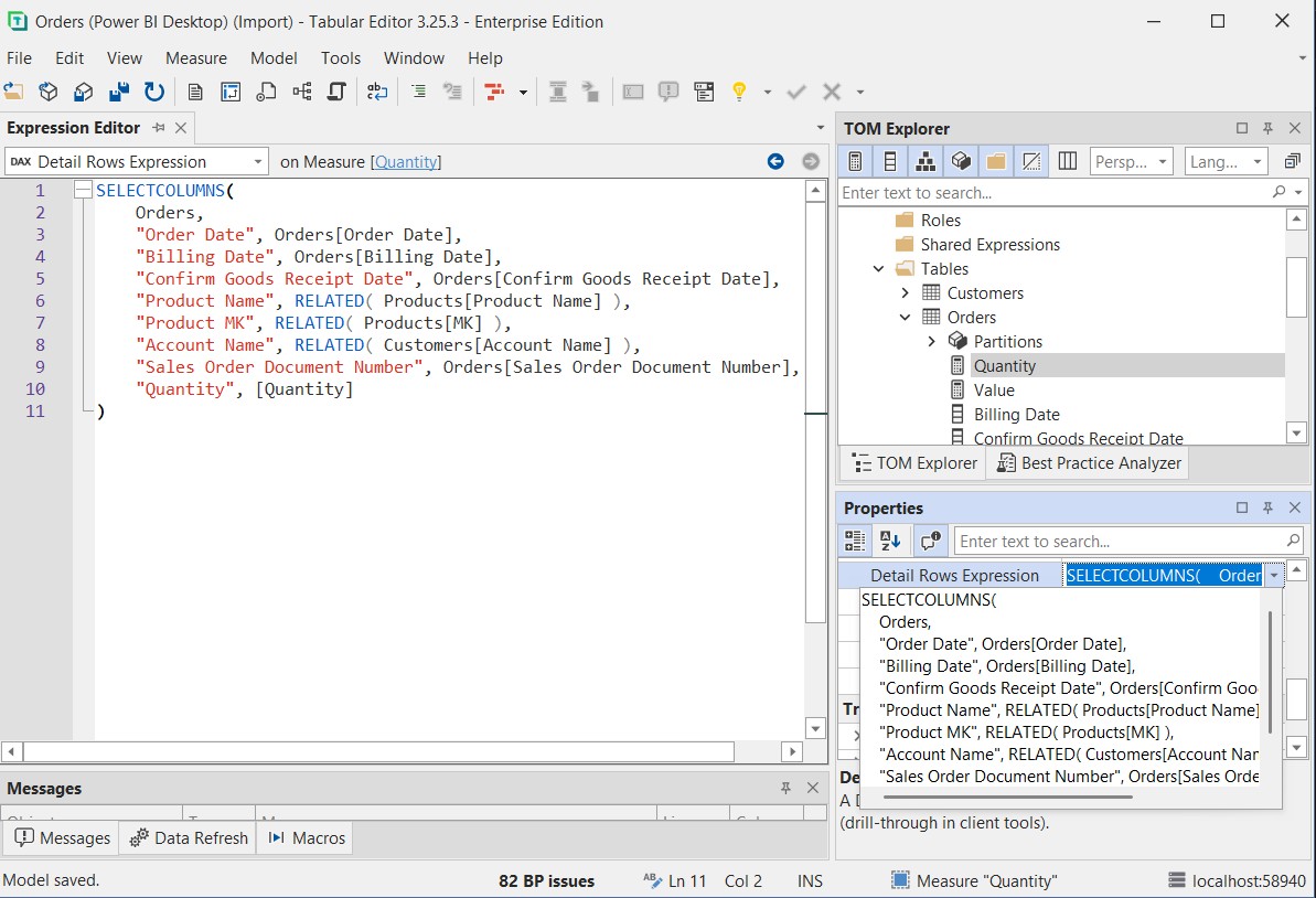 A measure-specific Detail Rows Expression defined on the Quantity measure, visible in both the Expression Editor and the Properties panel