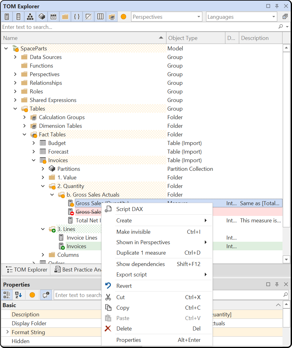 TOM Explorer right-click menu on an edited measure with Revert